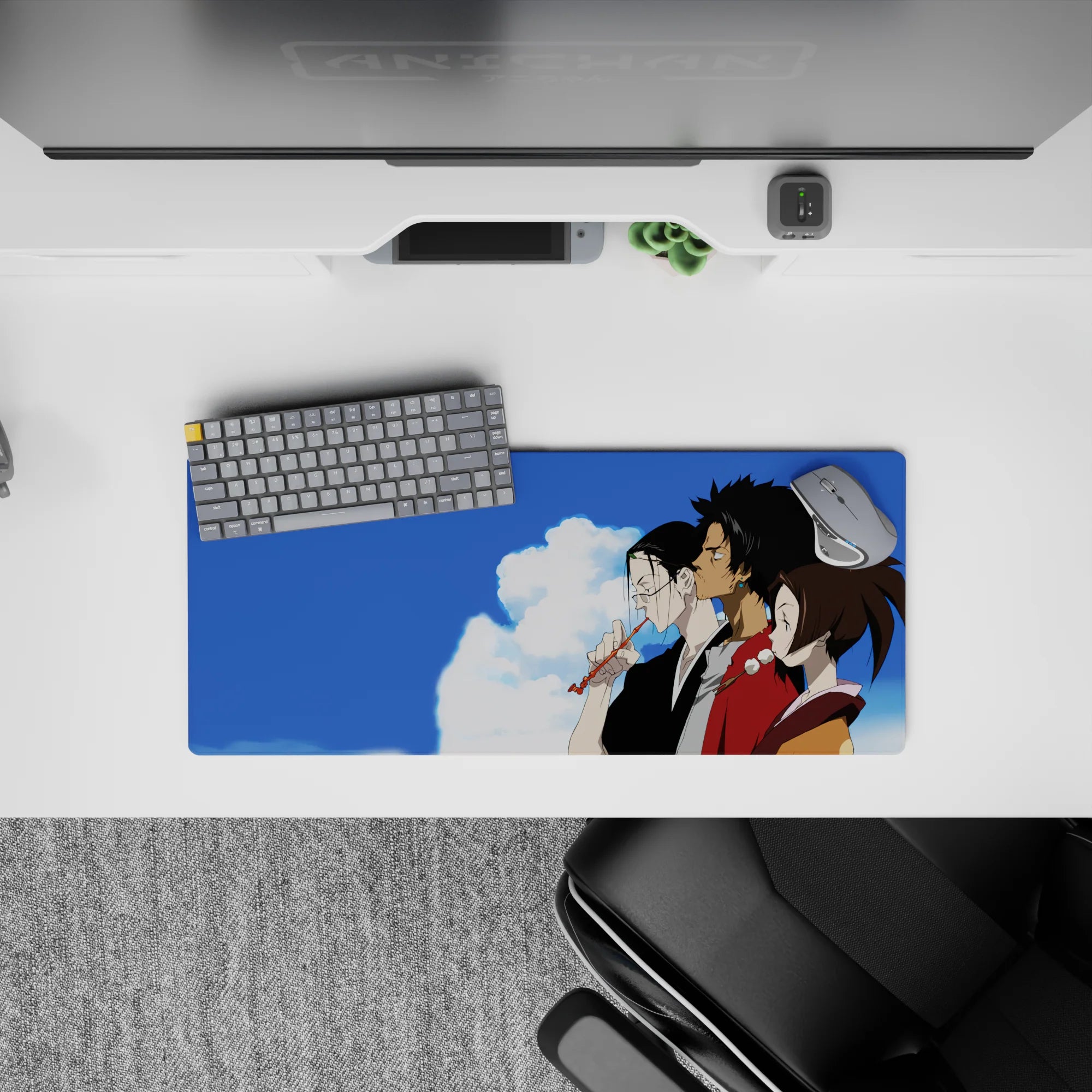 28x12 inches anime mouse pad in cool blues and warm browns, calm intimate mood with soft skin tones.