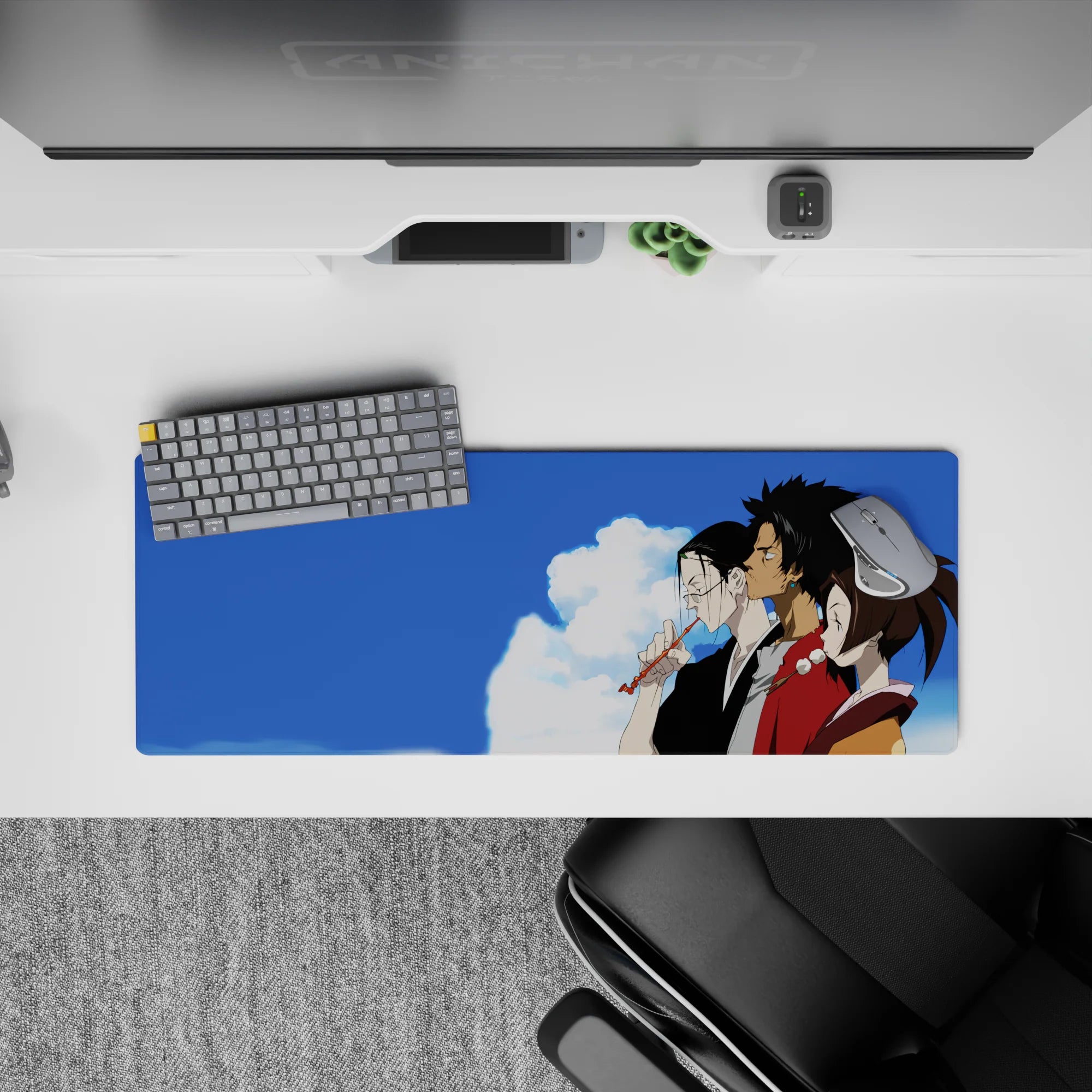 Calm anime mouse pad 32x12 inches in warm browns and soft skin tones against cool blue clouds.