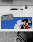 Calm anime mouse pad 32x12 inches in warm browns and soft skin tones against cool blue clouds.