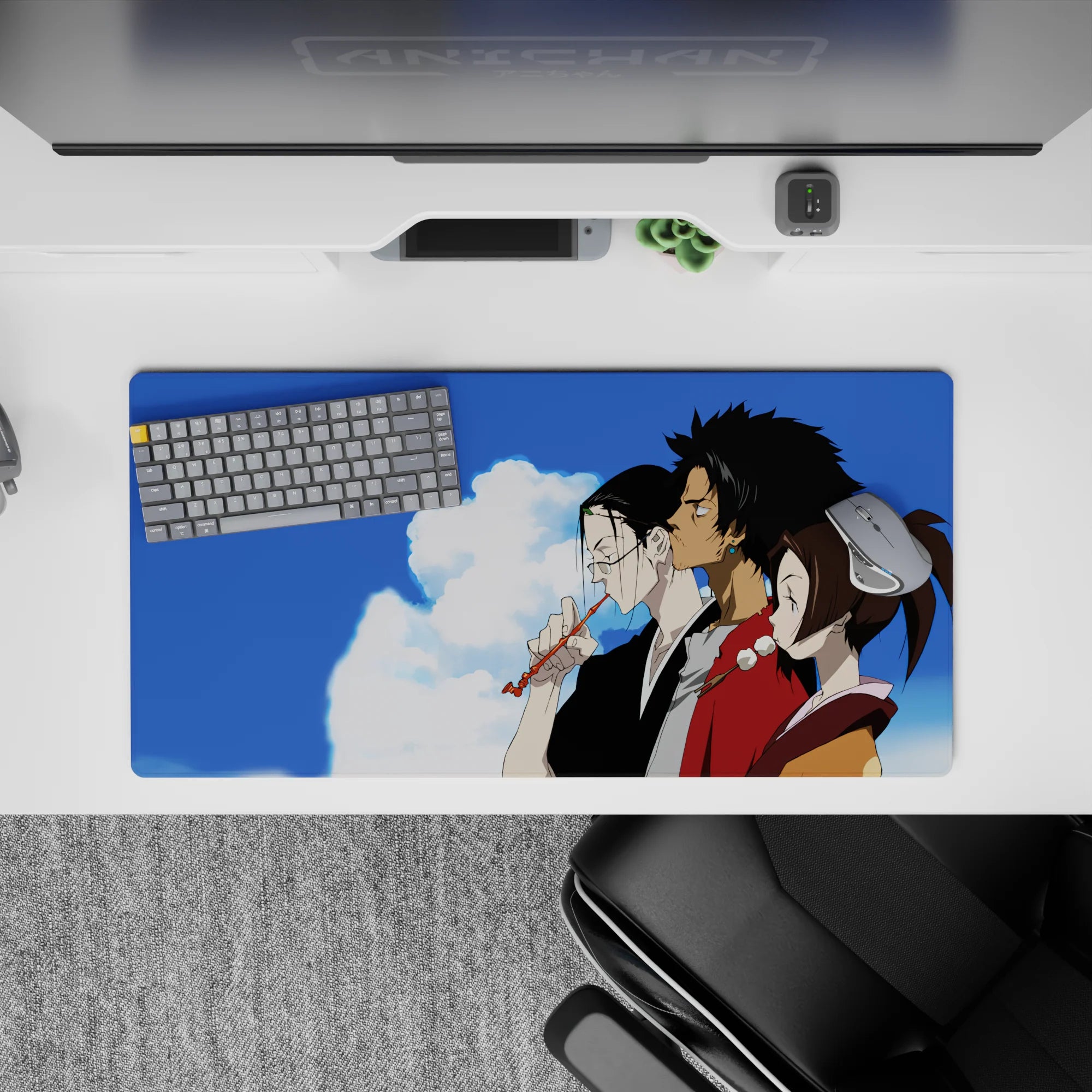 Peaceful anime mouse pad 32x16 inches in cool blues with warm browns, red robe accents, calm intimate mood.