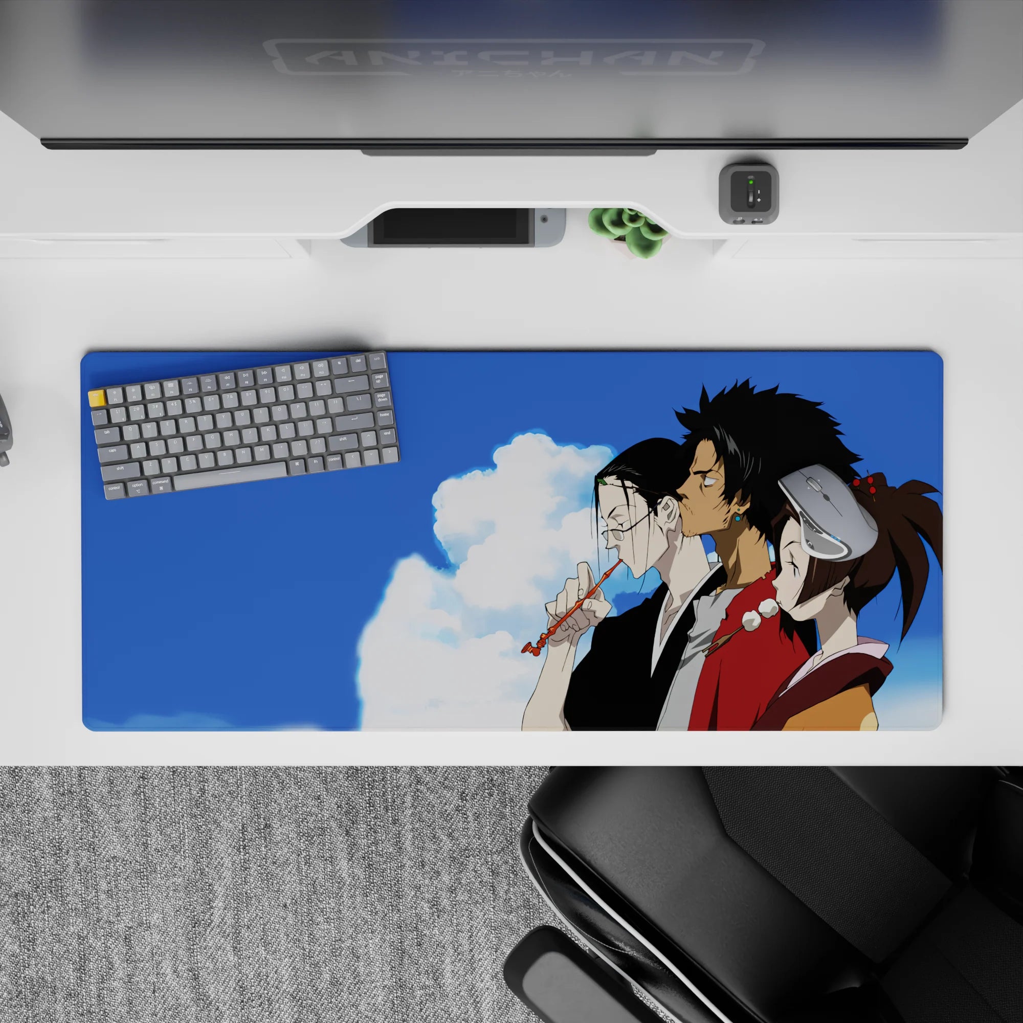 36x16 inches anime desk pad in calm blues and warm browns, serene cinematic vibe with soft skin tones.