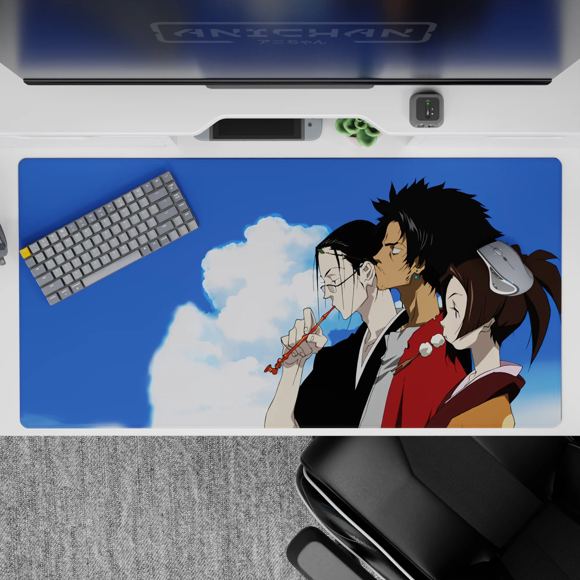 40x20 inches anime desk pad in cool blues and warm browns, calm intimate vibe with soft skin tones.