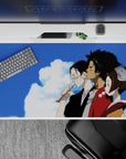 40x20 inches anime desk pad in cool blues and warm browns, calm intimate vibe with soft skin tones.