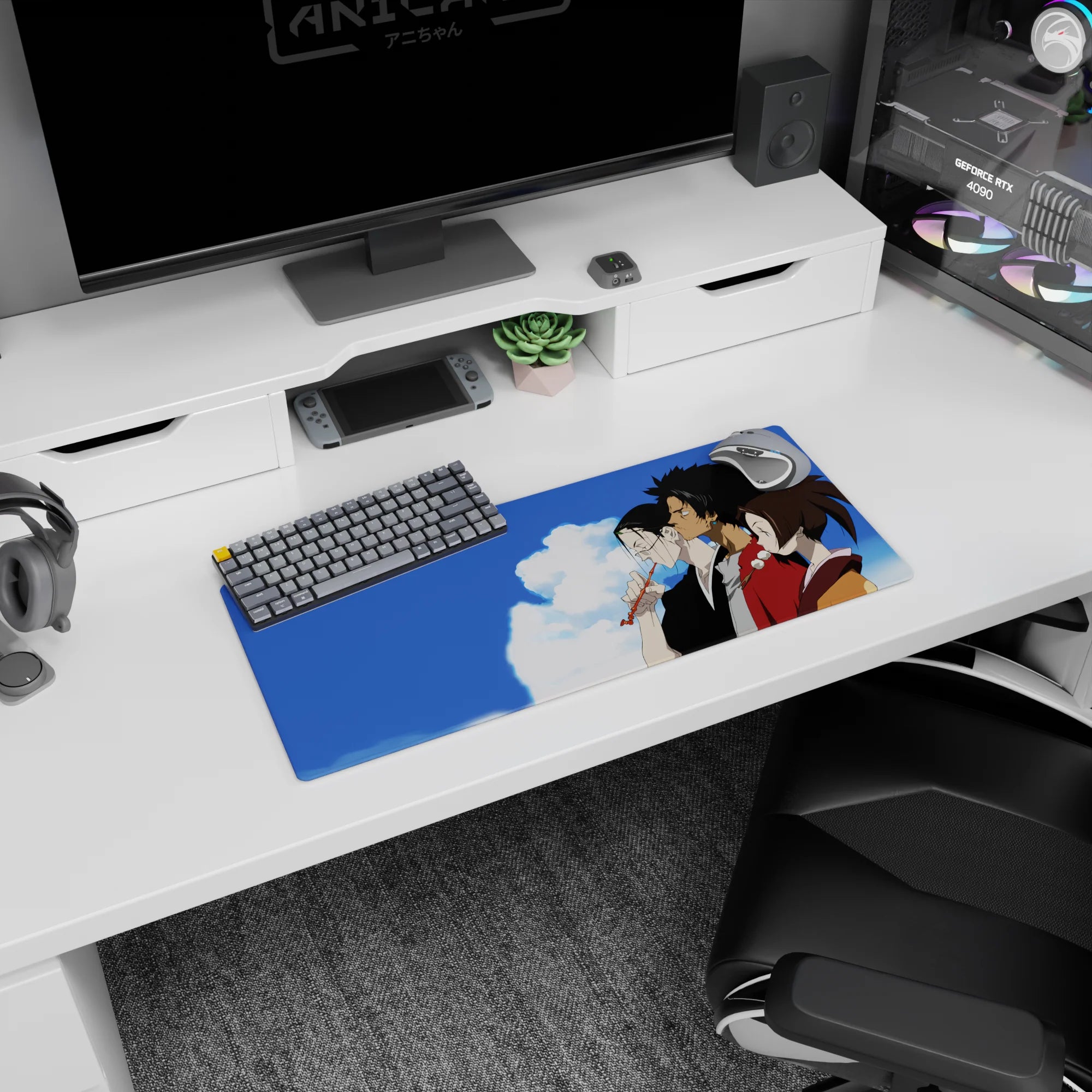 28x12 inches anime mouse pad showing trio shoulder to shoulder, black kimono and glasses, red robe.
