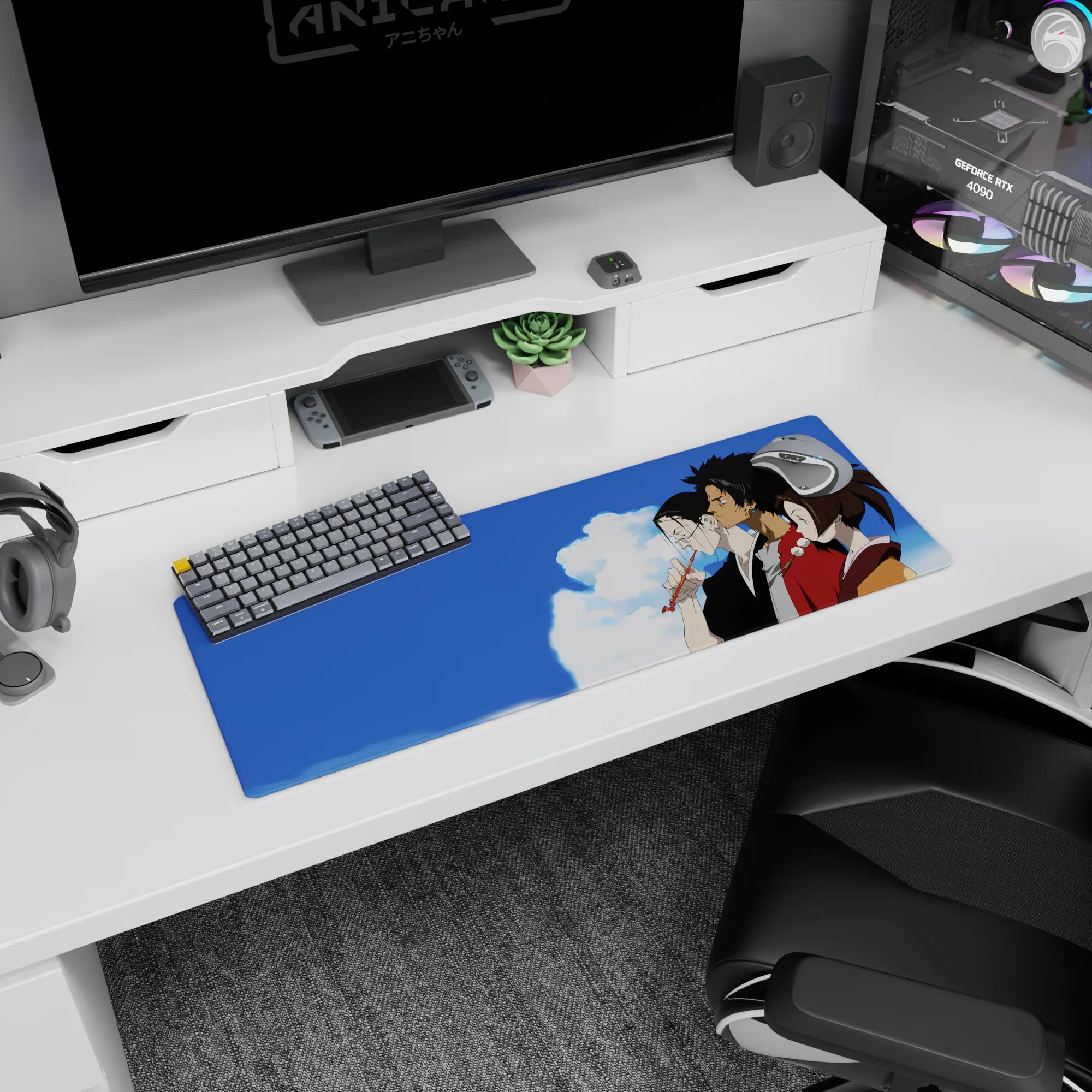 Side-profile trio anime mouse pad 32x12 inches, black kimono and glasses, red robe, turquoise earring.