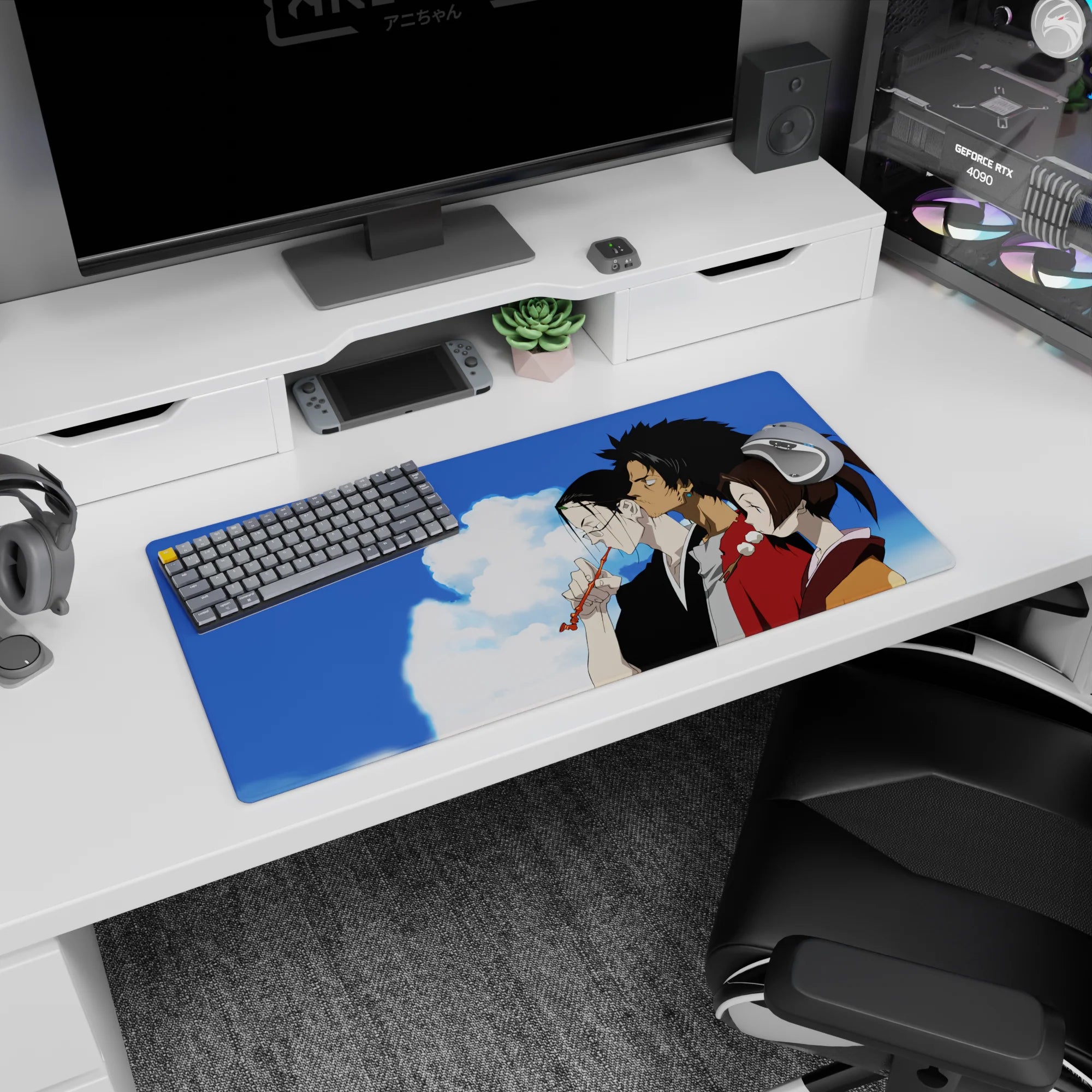 Anime mouse pad 32x16 inches showing side-profile trio: black kimono with glasses, red robe, turquoise earring.
