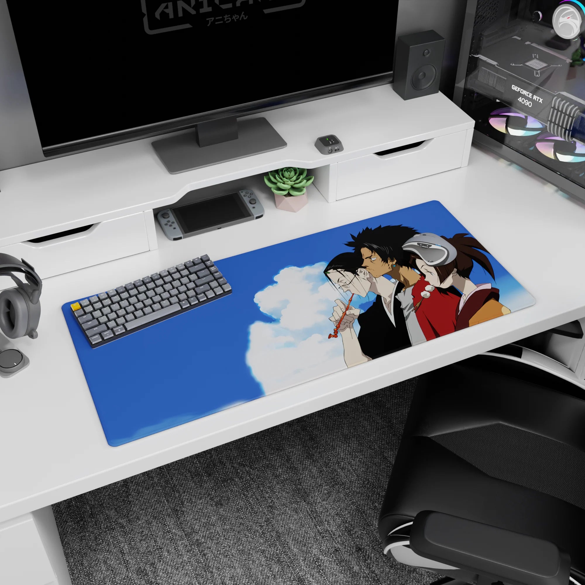 36x16 inches anime desk pad showing three friends shoulder to shoulder, kimono and glasses, red robe, earring.