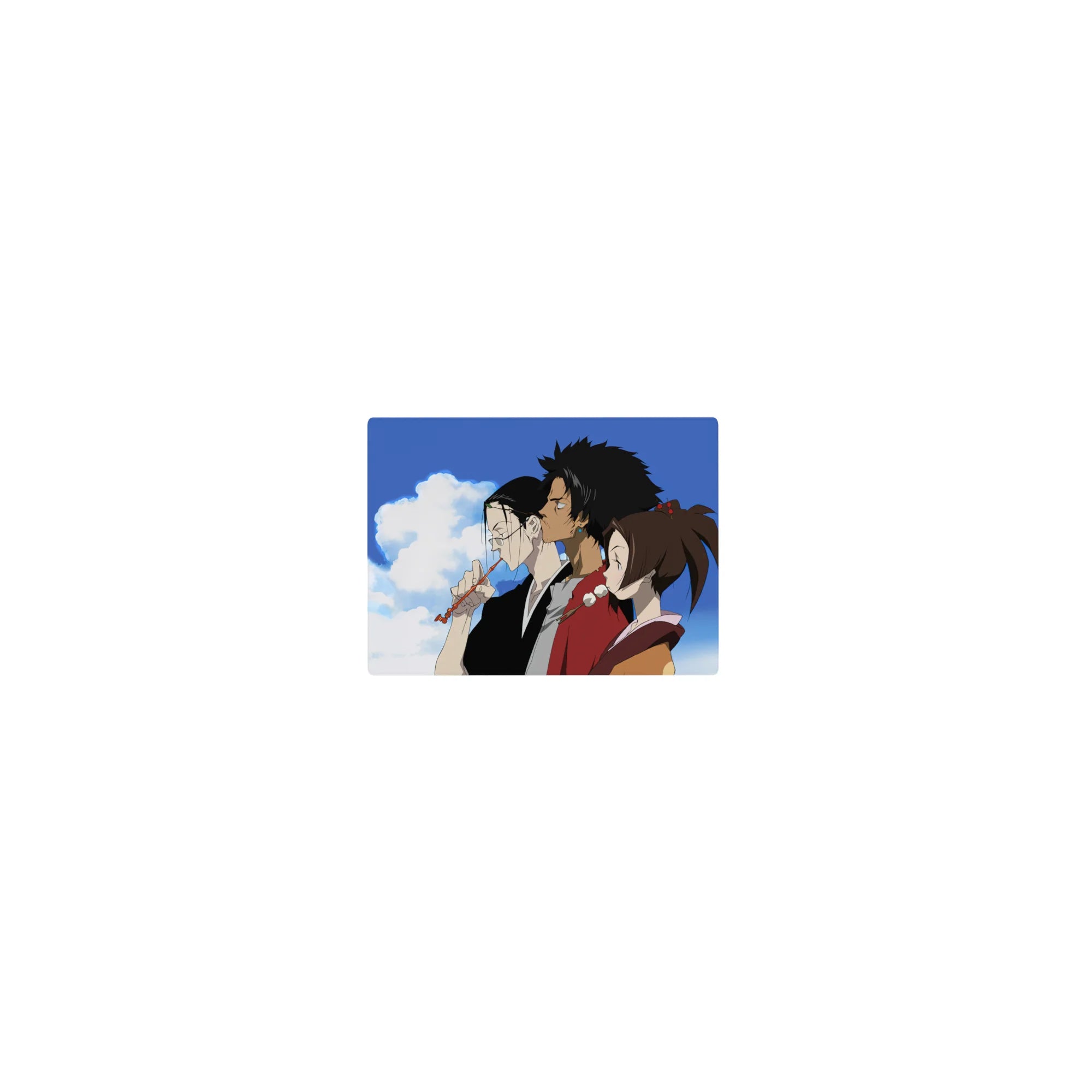 Classic anime mouse pad 14x10 inches with three friends in side profile under a wide blue sky.