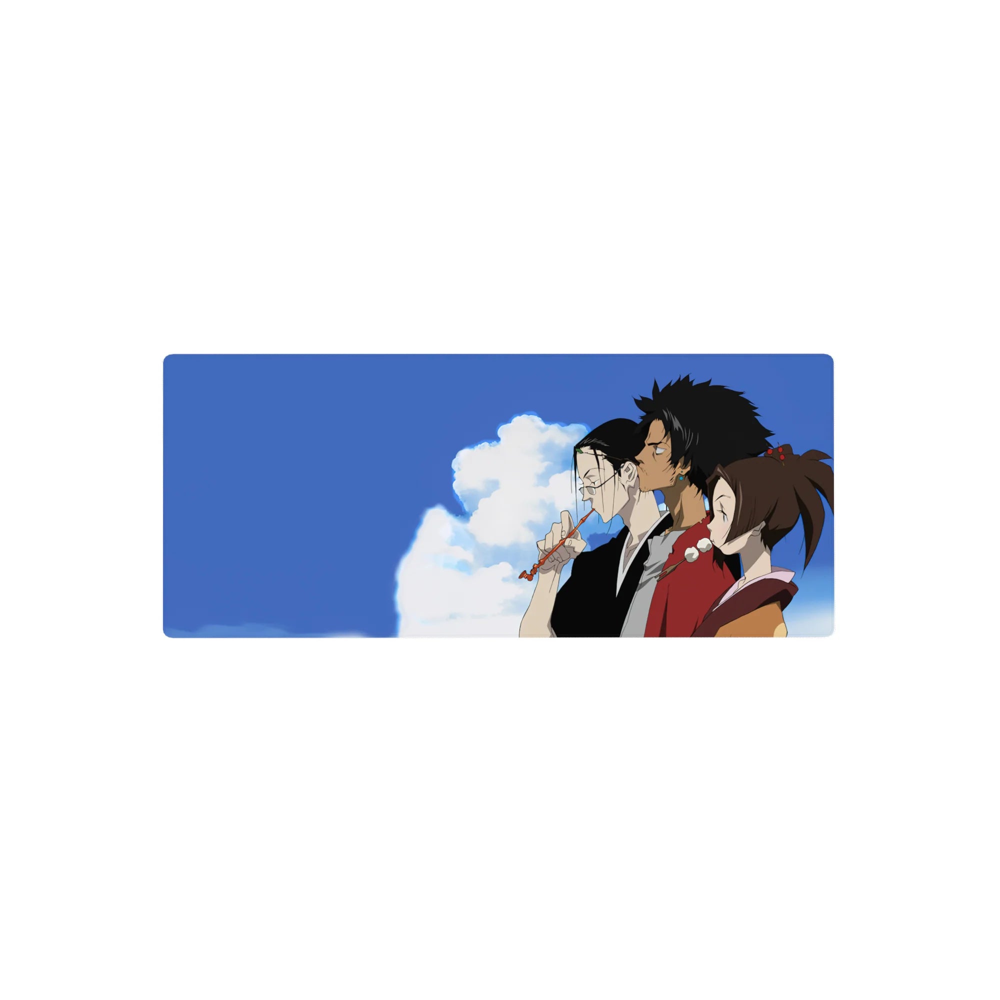 28x12 inches anime mouse pad with three friends in side profile under a wide blue sky, crisp line art.