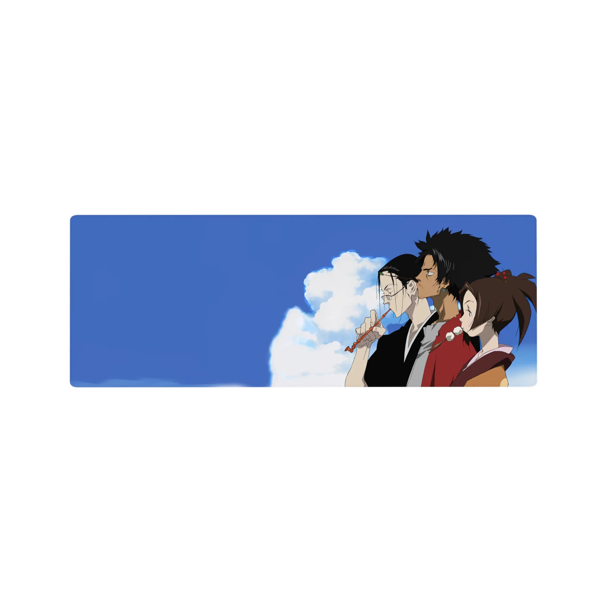 Anime mouse pad 32x12 inches with three friends in kimono line art under a wide blue sky.