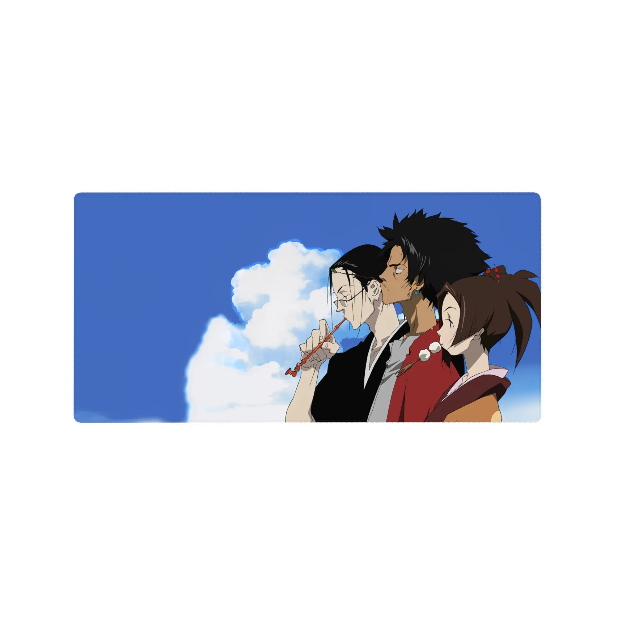 Anime mouse pad 32x16 inches with three friends shoulder to shoulder under a wide blue sky, crisp line art.
