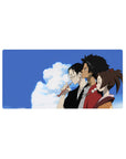 Anime mouse pad 32x16 inches with three friends shoulder to shoulder under a wide blue sky, crisp line art.