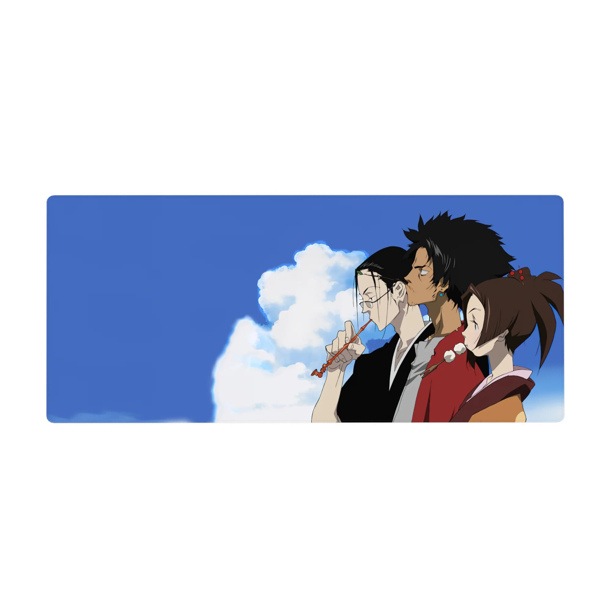 36x16 inches anime desk pad with three friends in side profile under a wide blue sky, crisp line art.