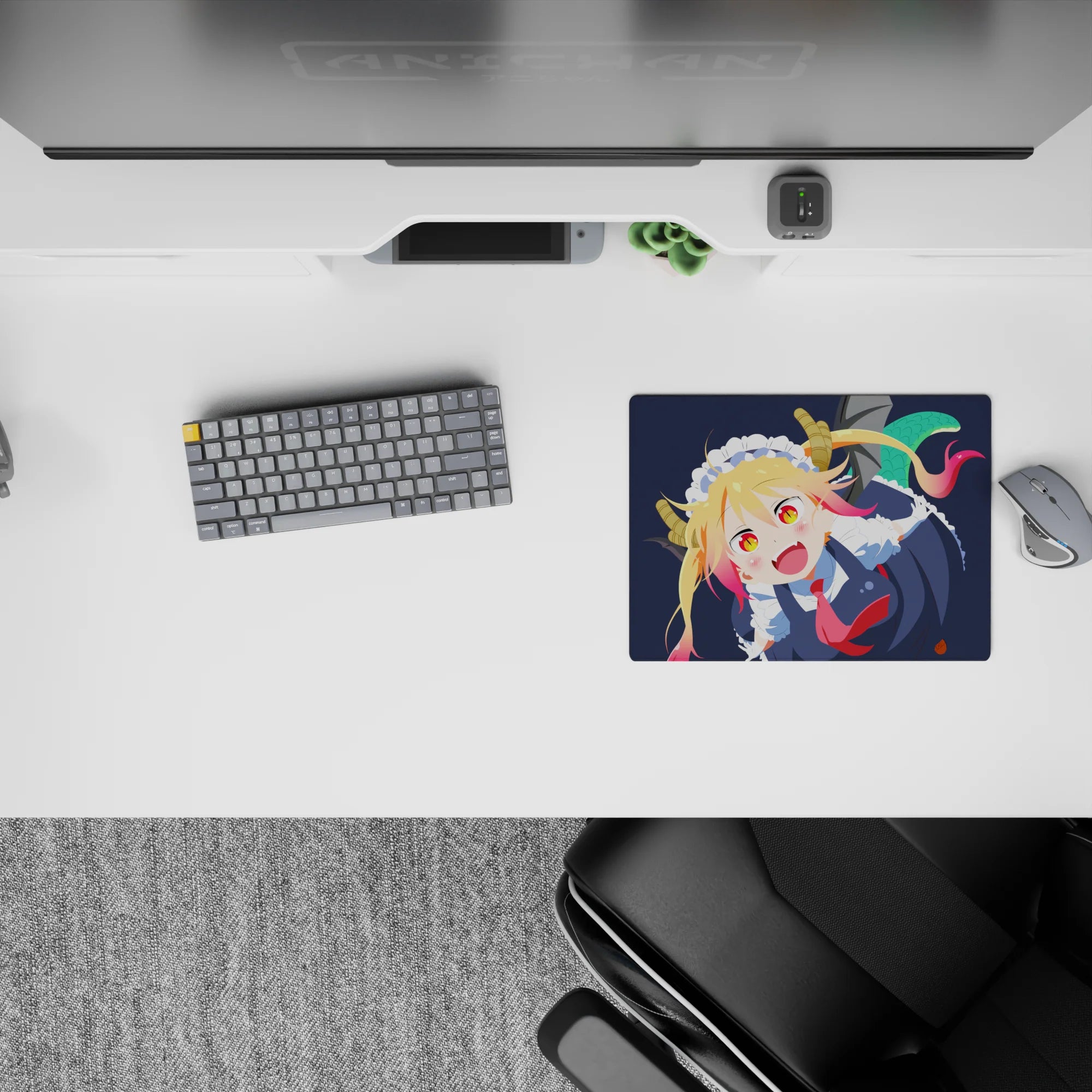 Deep navy anime mouse pad 14x10 inches with blonde hair, pink tips, bright red tie, playful mood.