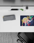 Deep navy anime mouse pad 14x10 inches with blonde hair, pink tips, bright red tie, playful mood.