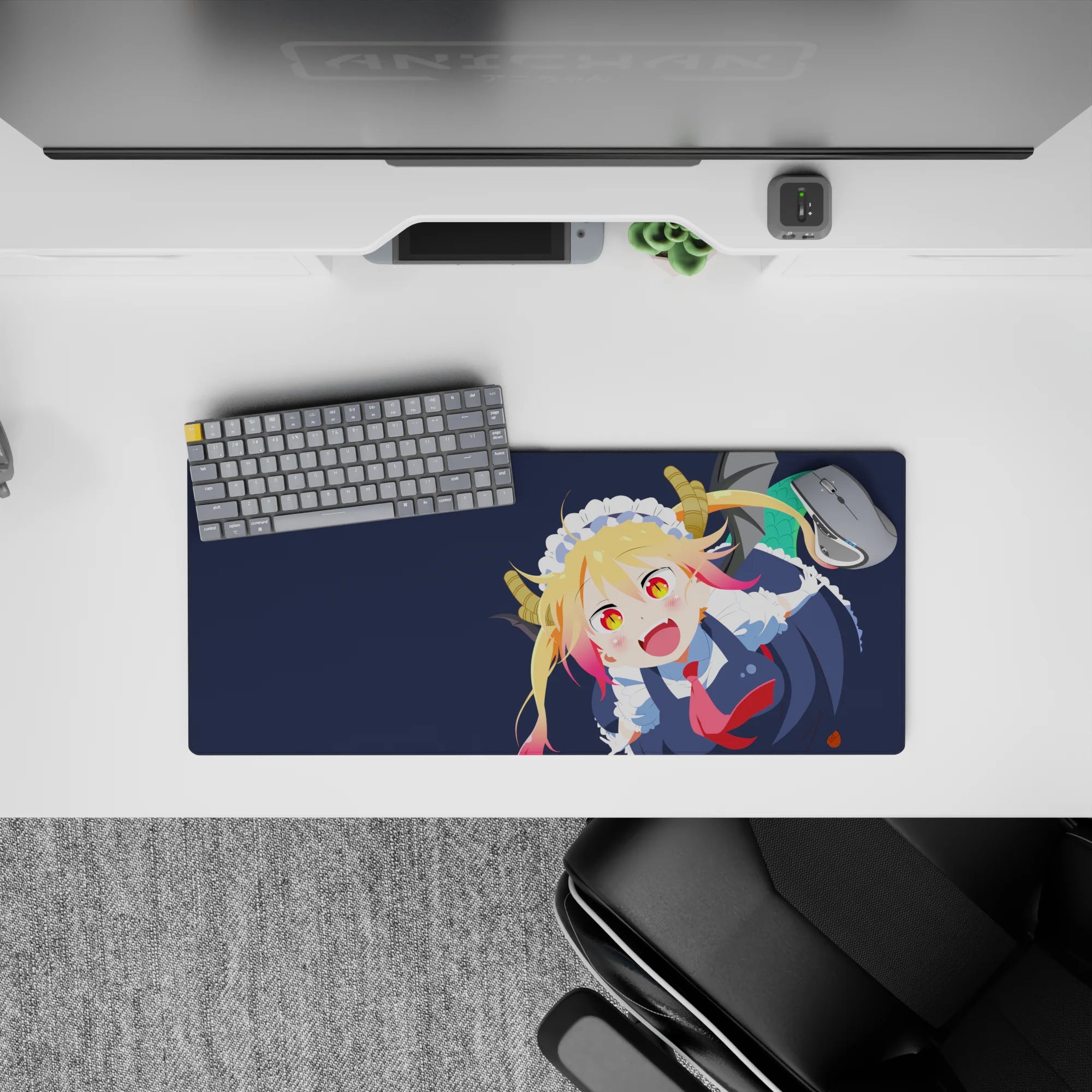 28x12 inches anime mouse pad in deep navy with blonde hair, pink tips, bright red tie, playful mood.