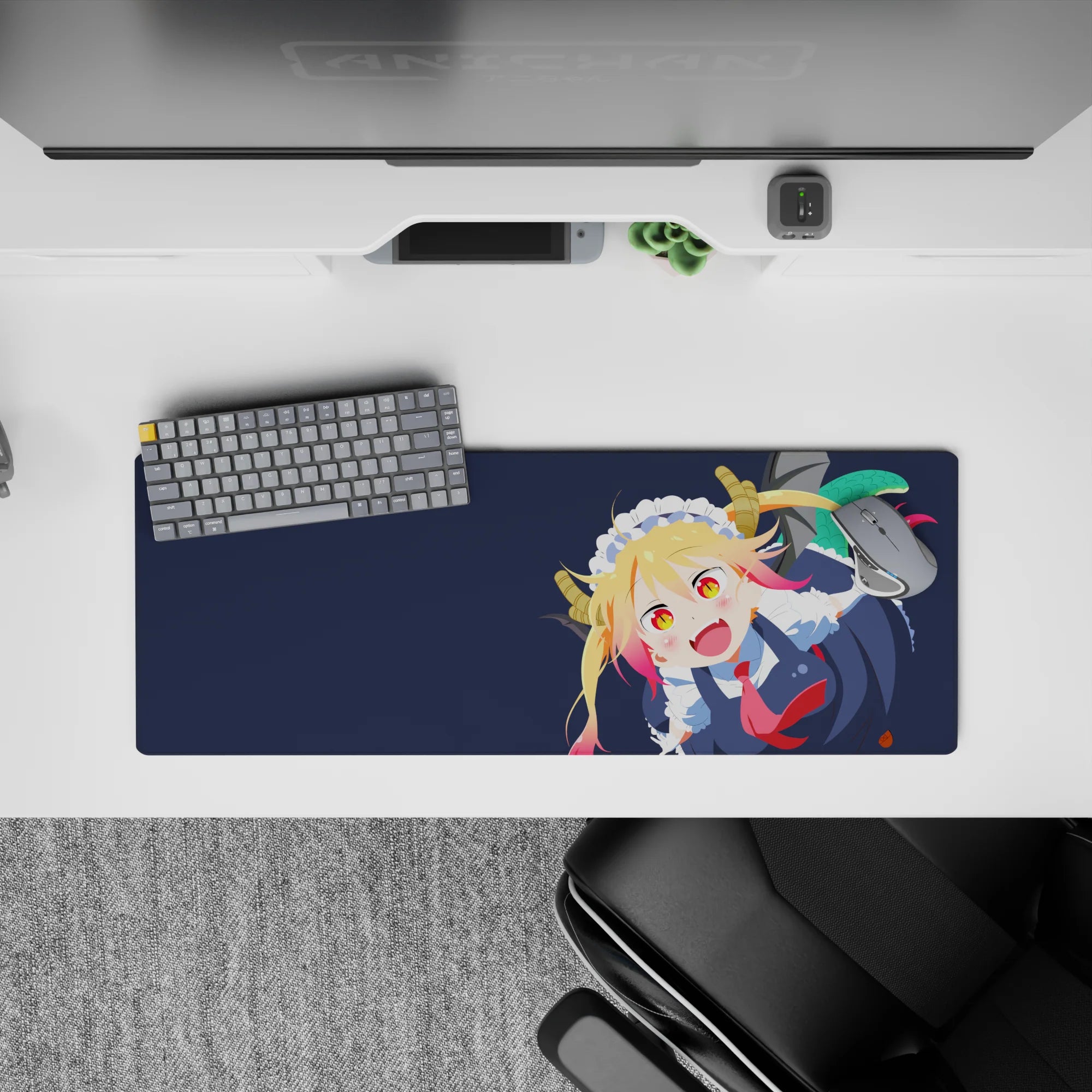 32x12 inches anime girl mouse pad in deep navy with glowing blonde hair, pink tips, playful cozy vibe.