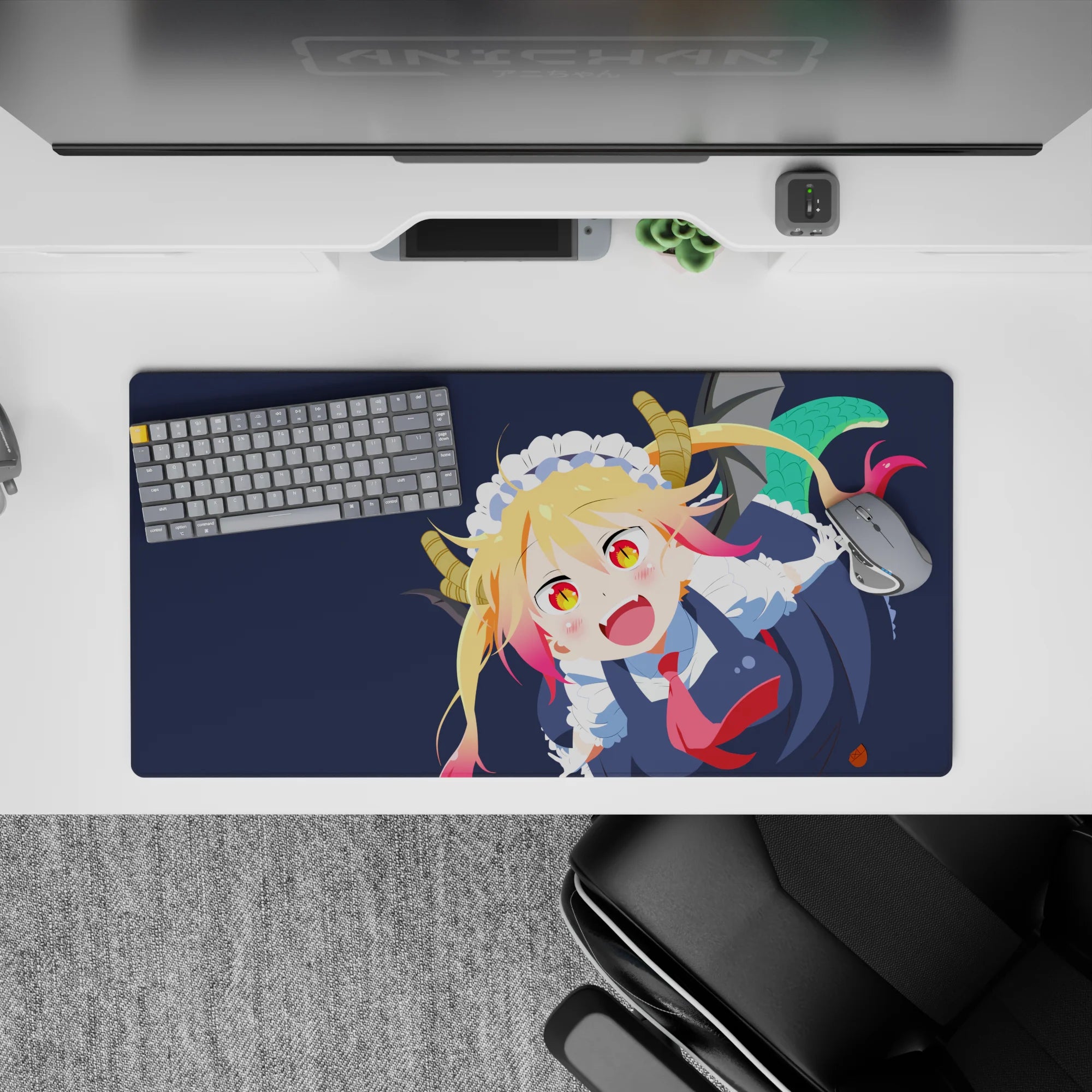 32x16 inches anime mouse pad in deep navy with blonde hair and pink tips, playful mischievous vibe.