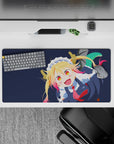 32x16 inches anime mouse pad in deep navy with blonde hair and pink tips, playful mischievous vibe.