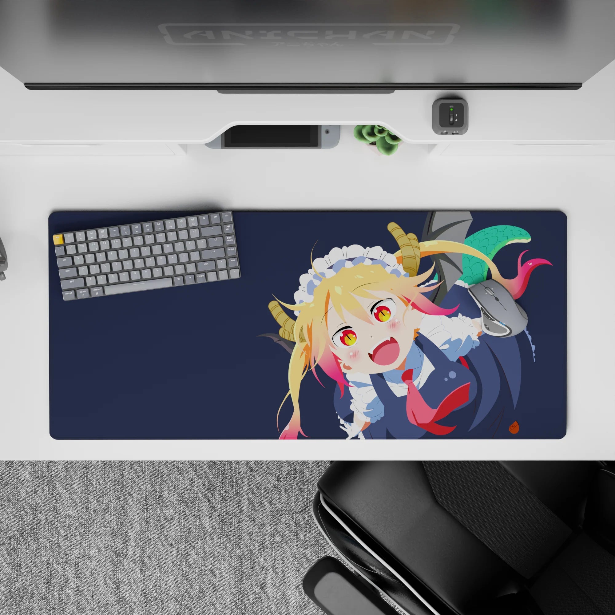 36x16 inches anime desk pad in deep navy with bright blonde hair, pink tips, crisp frills, playful vibe.