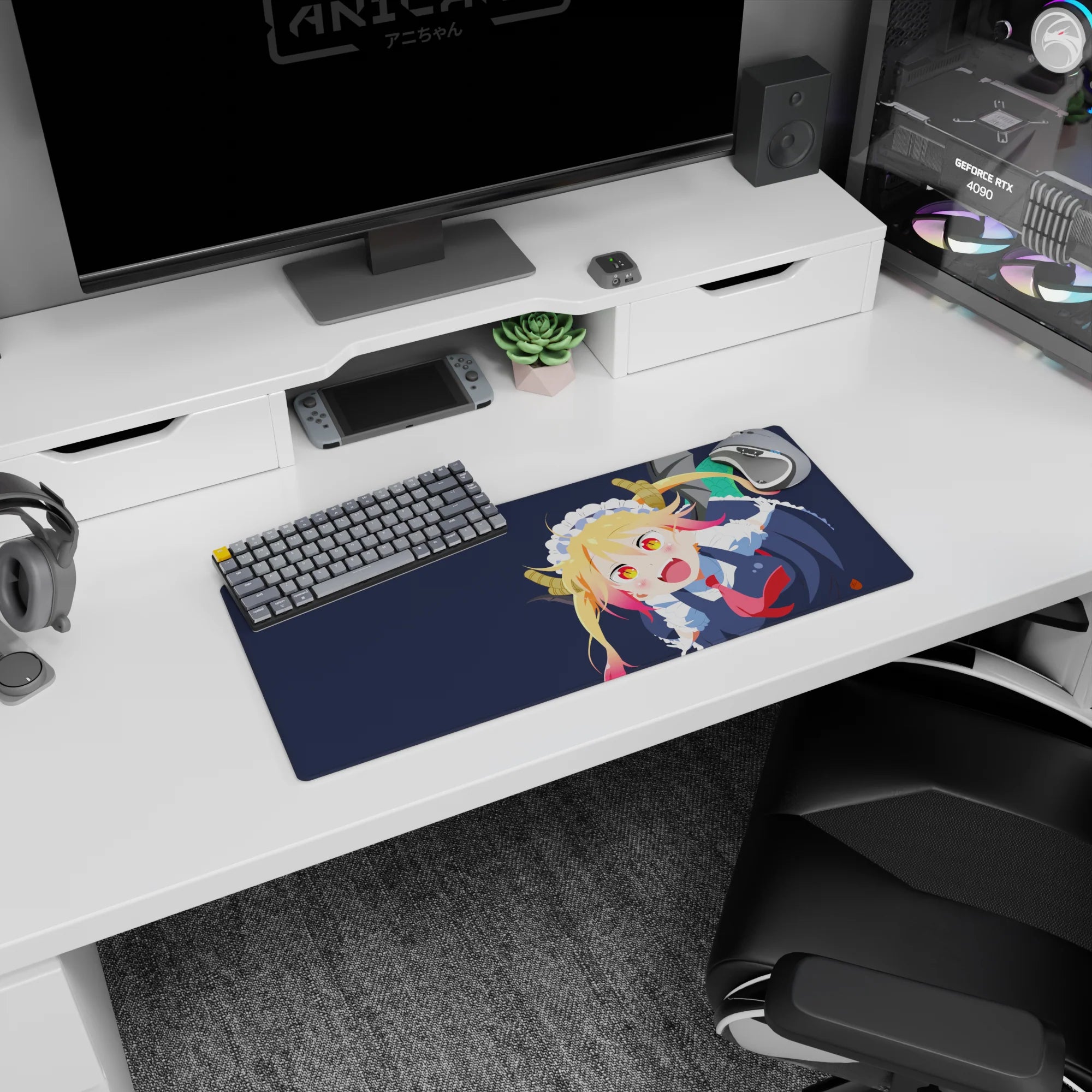 28x12 inches Tohru Dragon Maid mouse pad grinning with horns up and tail curled, cute maid frills.