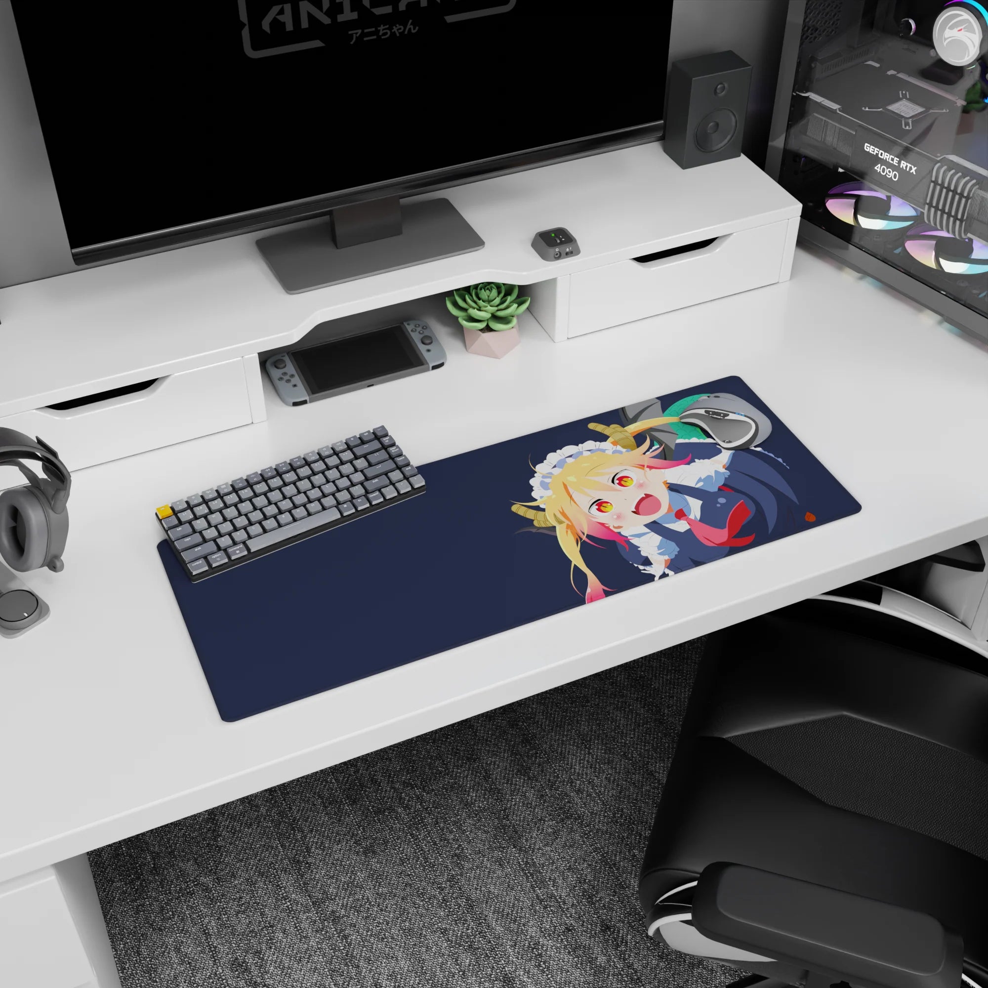 32x12 inches Miss Kobayashi’s Dragon Maid mouse pad showing Tohru grinning, horns up, tail curled.