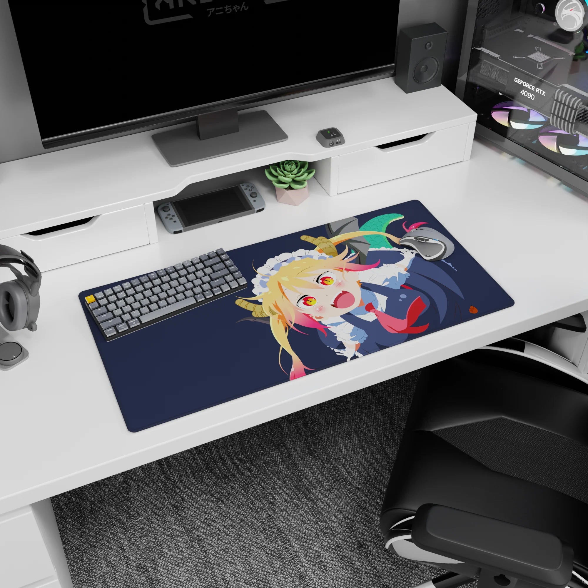 32x16 inches Miss Kobayashi’s Dragon Maid mouse pad showing Tohru grinning, red tie and maid frills.