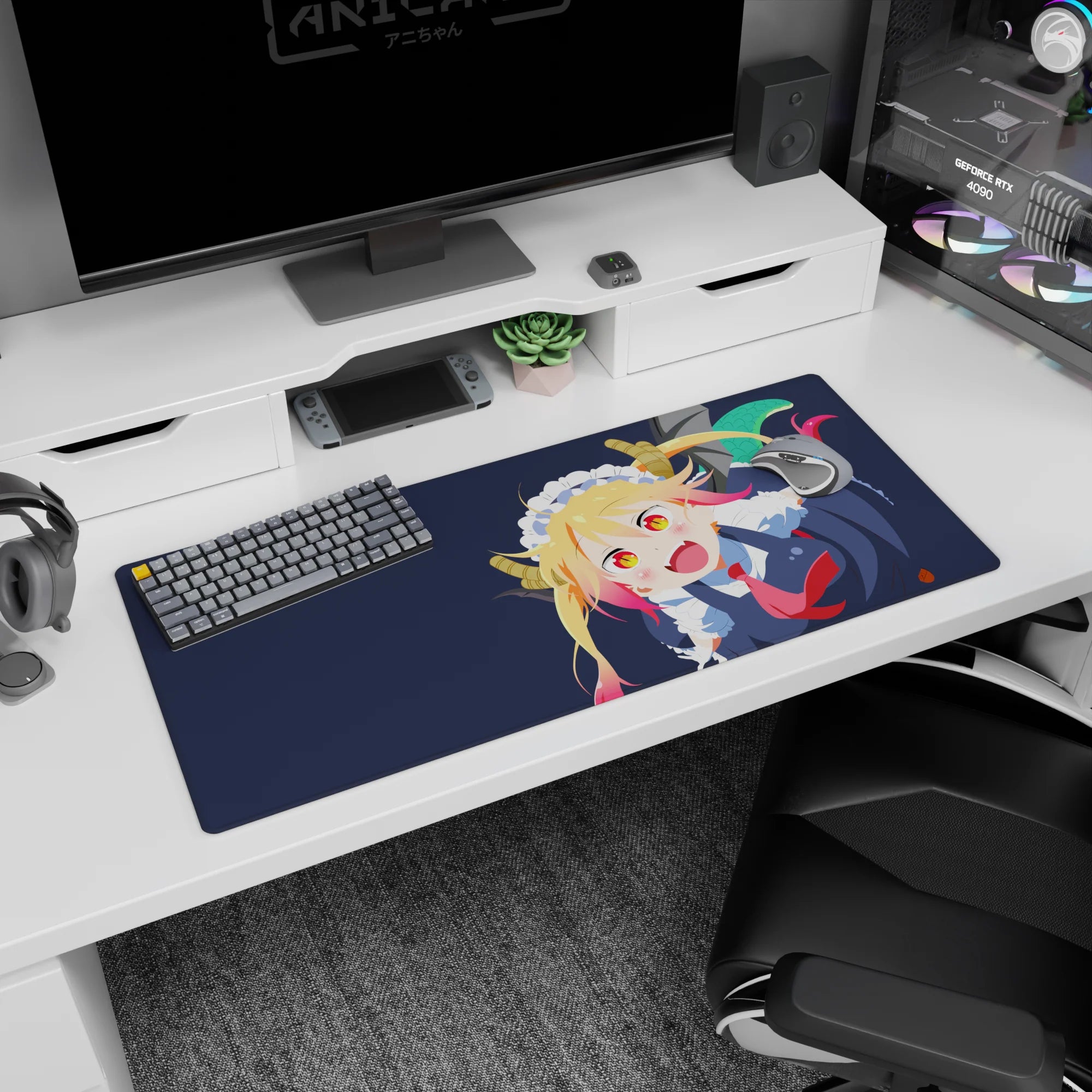 36x16 inches desk pad featuring Tohru from Miss Kobayashi’s Dragon Maid grinning with horns up, tail curled.