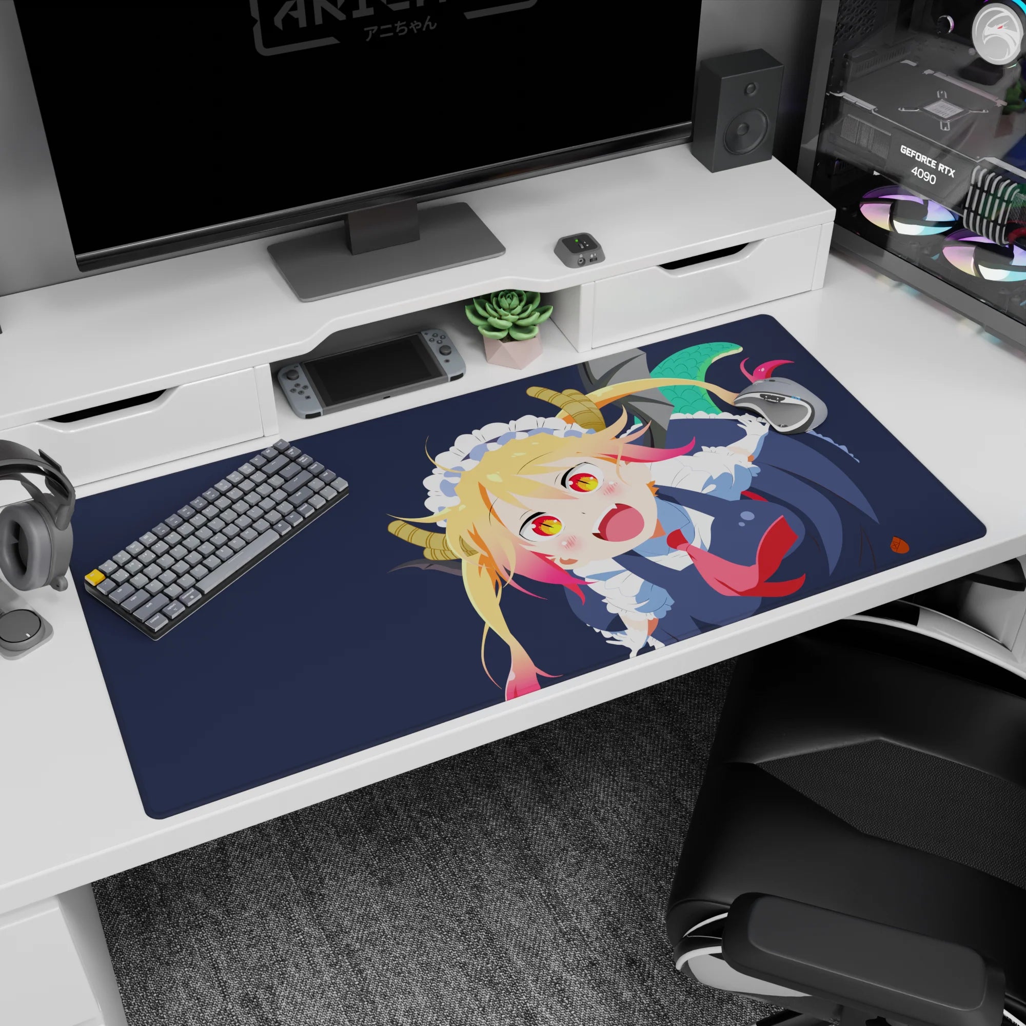 40x20 inches Miss Kobayashi’s Dragon Maid desk pad featuring Tohru smiling wide, horns up, tail curled.