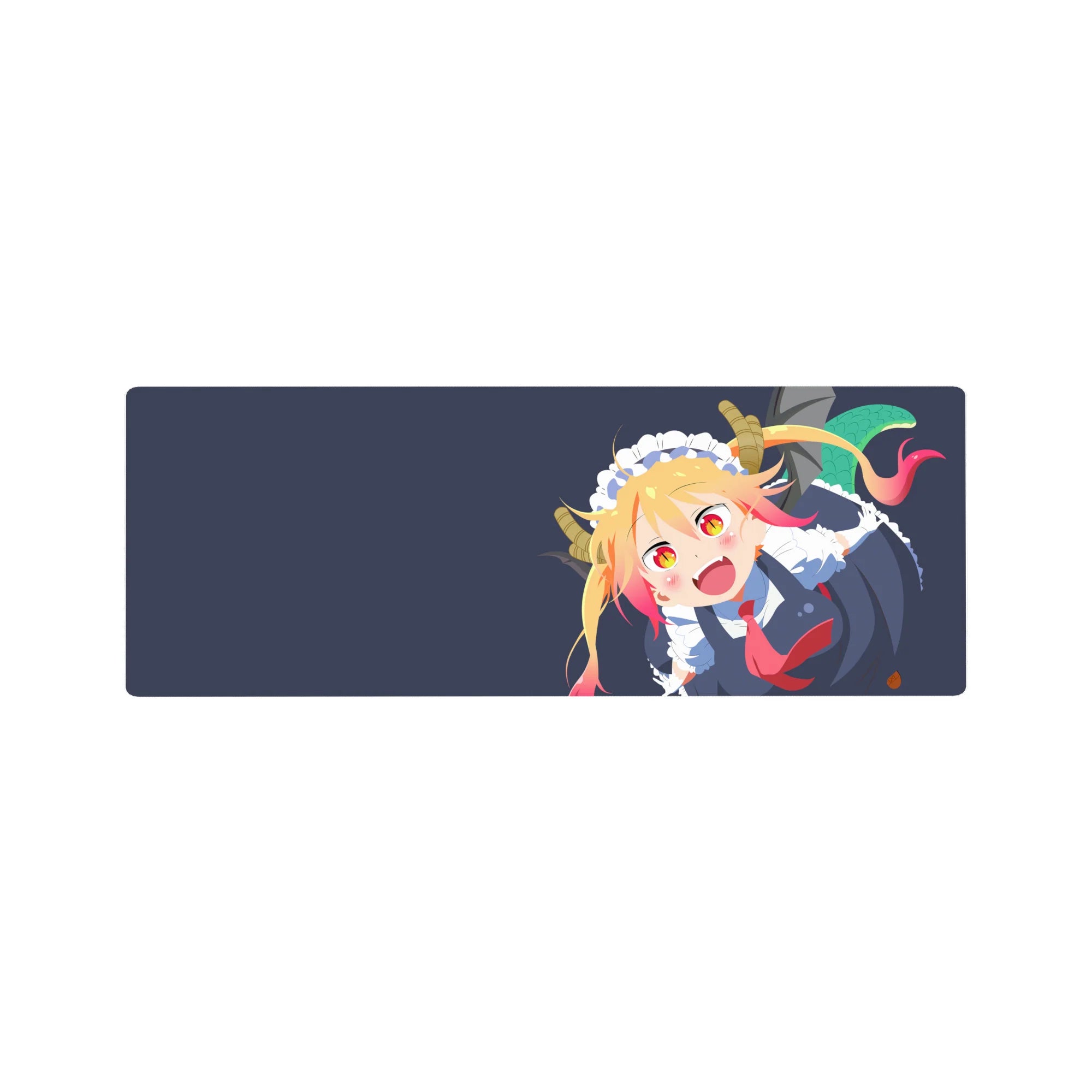 32x12 inches anime girl mouse pad with Tohru maid design, horns and tail, crisp frills on navy background.