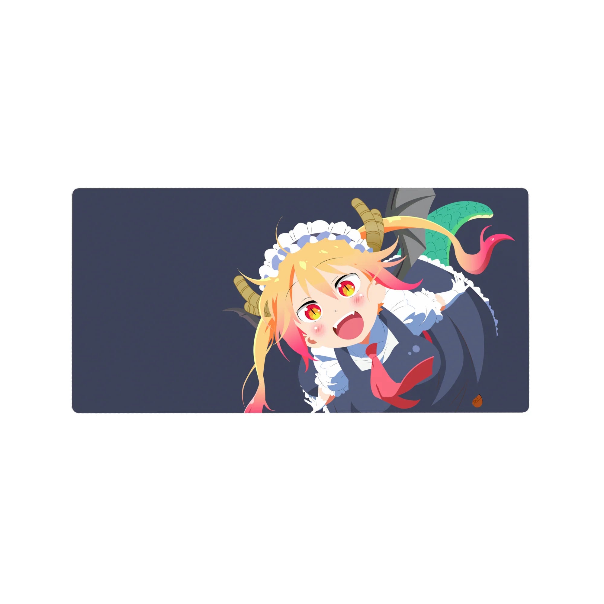 32x16 inches anime girl mouse pad with Tohru in maid outfit, horns and curled tail on navy background.