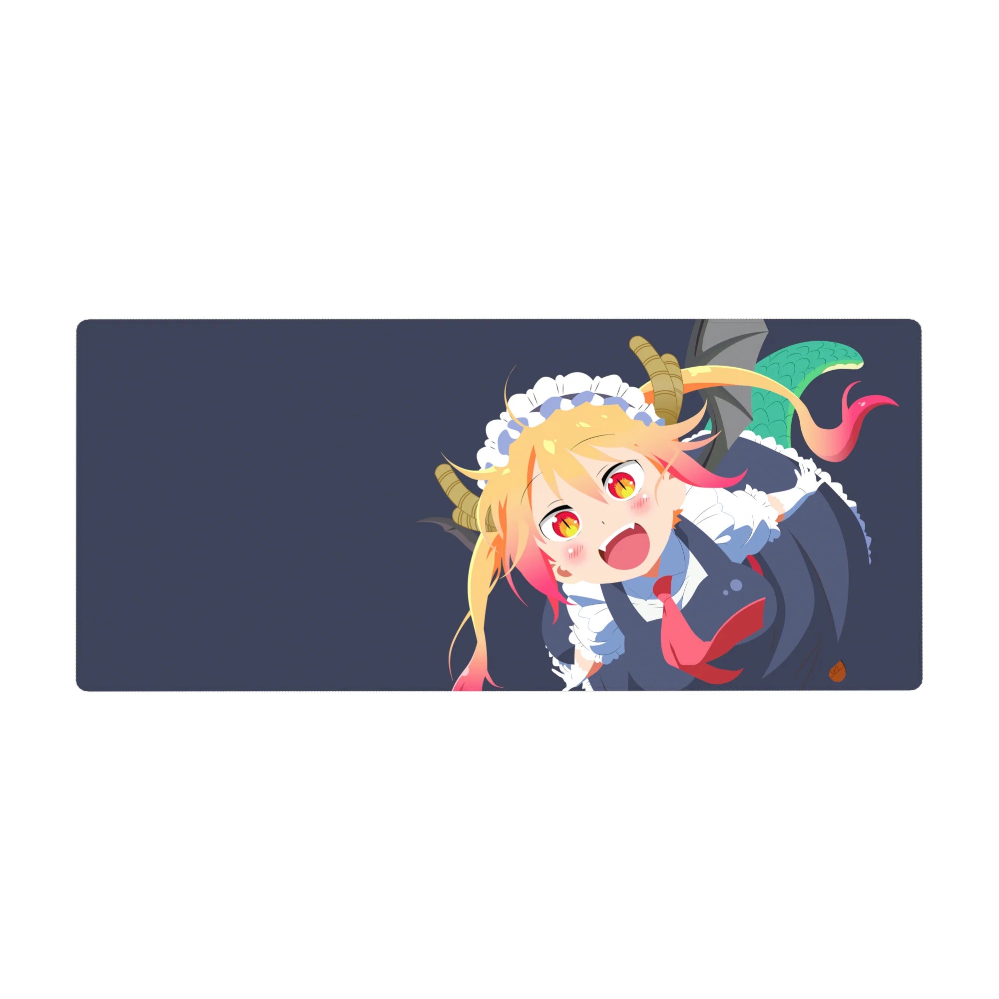 36x16 inches anime girl desk pad with Tohru in maid outfit, horns and tail on a deep navy background.