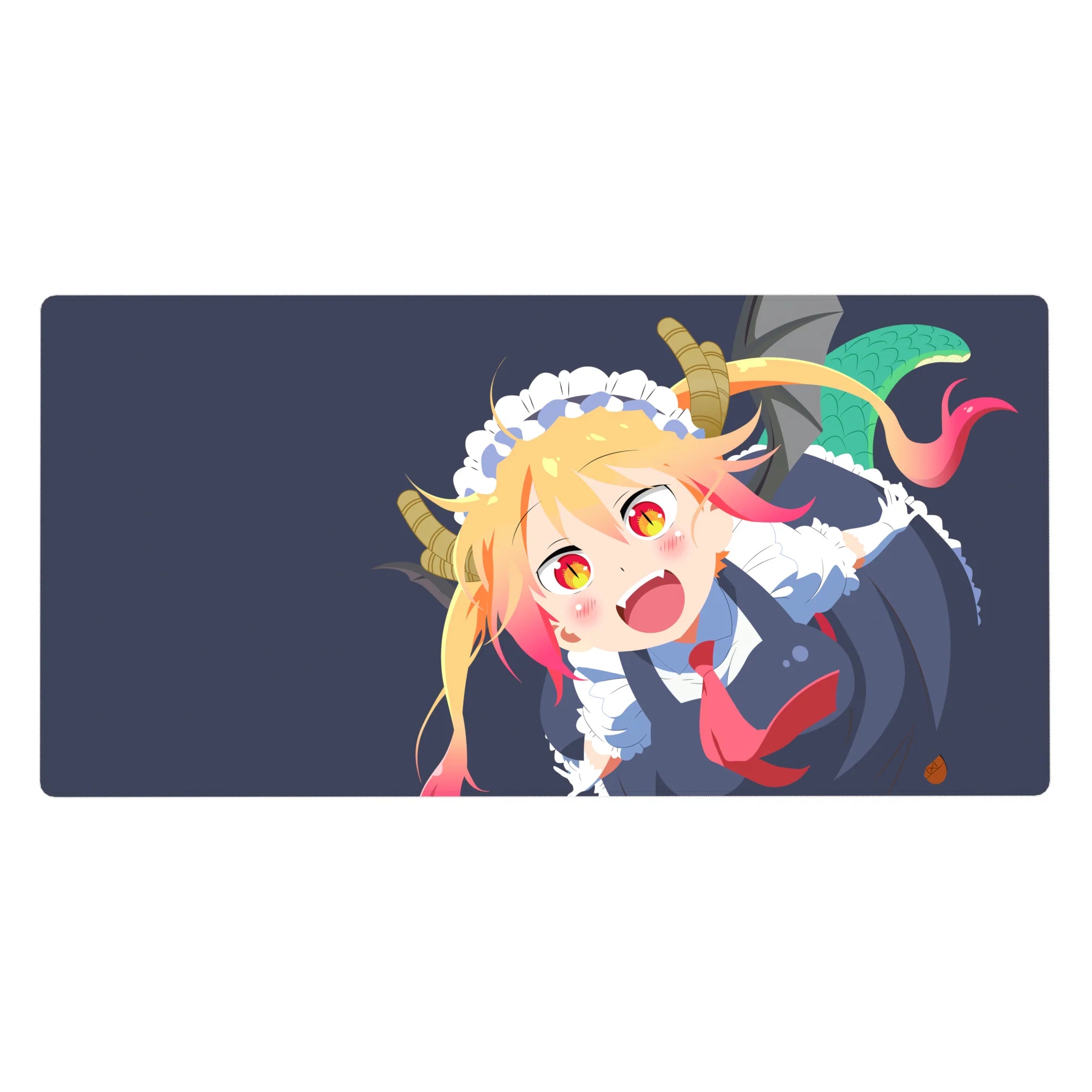 40x20 inches anime girl desk pad with horned maid on navy background, crisp frills, curling tail.