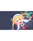 40x20 inches anime girl desk pad with horned maid on navy background, crisp frills, curling tail.