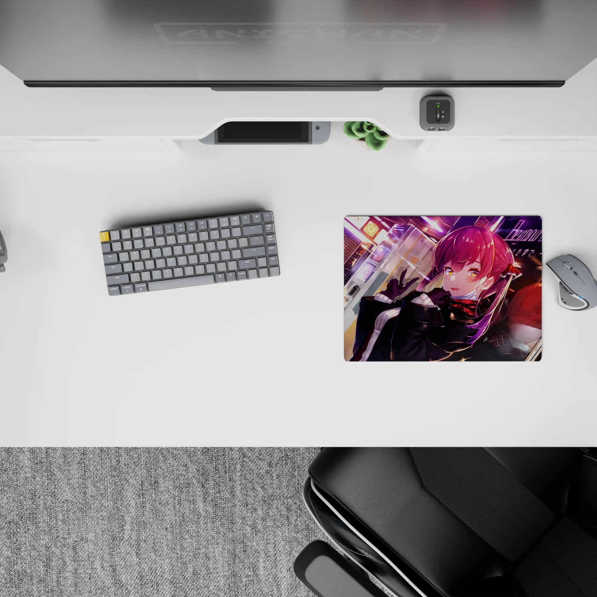 Neon-night vibe anime mouse pad 14x10 inches in deep blacks, crimson scarf, and purple light streaks.