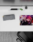 Neon-night vibe anime mouse pad 14x10 inches in deep blacks, crimson scarf, and purple light streaks.