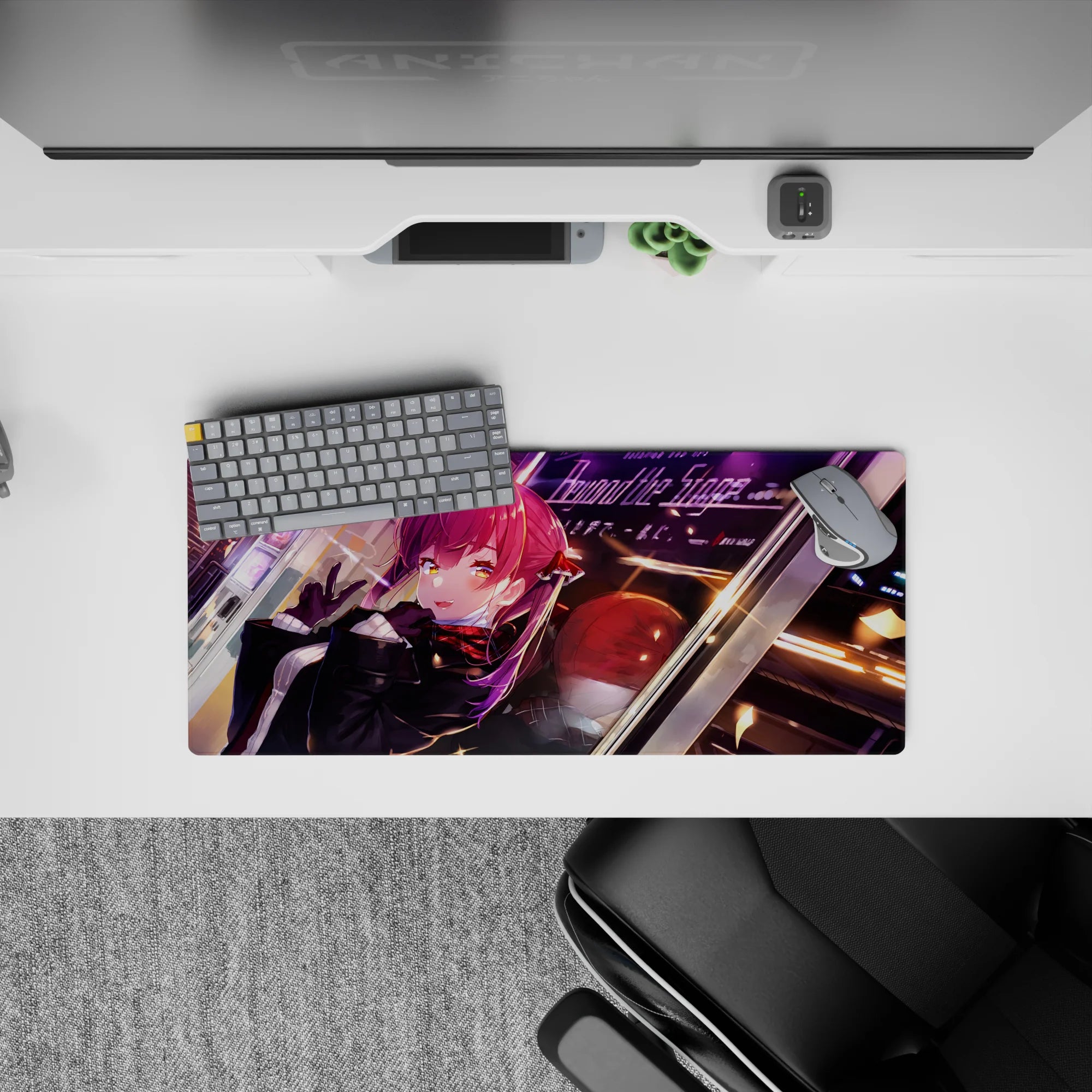 28x12 inches anime mouse pad in deep black, crimson, and purple neon streaks for a cozy night vibe.