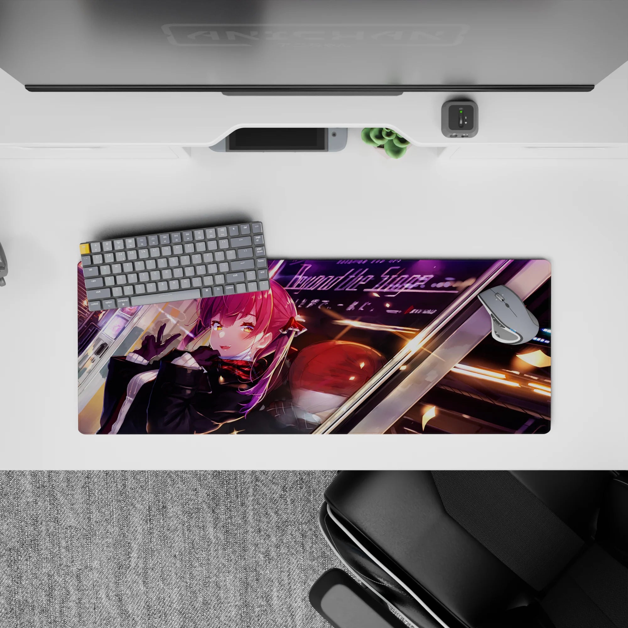 Neon night vibes anime girl mouse pad 32x12 inches in deep blacks, crimson scarf, purple light streaks.