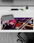Neon night vibes anime girl mouse pad 32x12 inches in deep blacks, crimson scarf, purple light streaks.