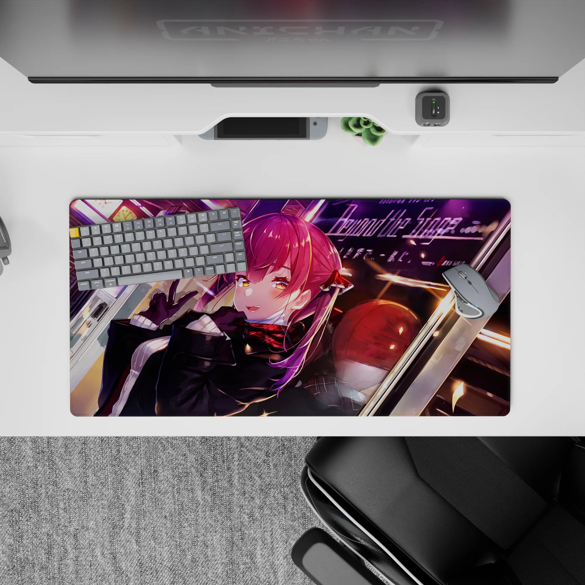 32x16 inches anime mouse pad in deep black and crimson with purple neon streaks, cozy late-night vibe.