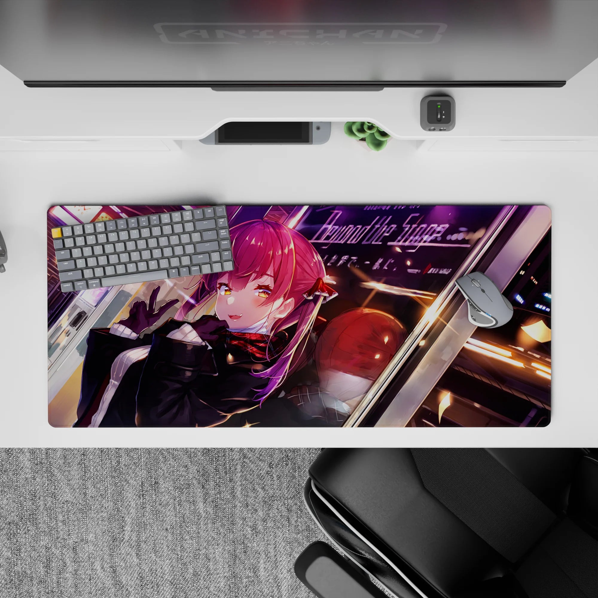 36x16 inches anime desk pad in deep blacks, crimson scarf hues, and purple neon streaks for a cozy vibe.