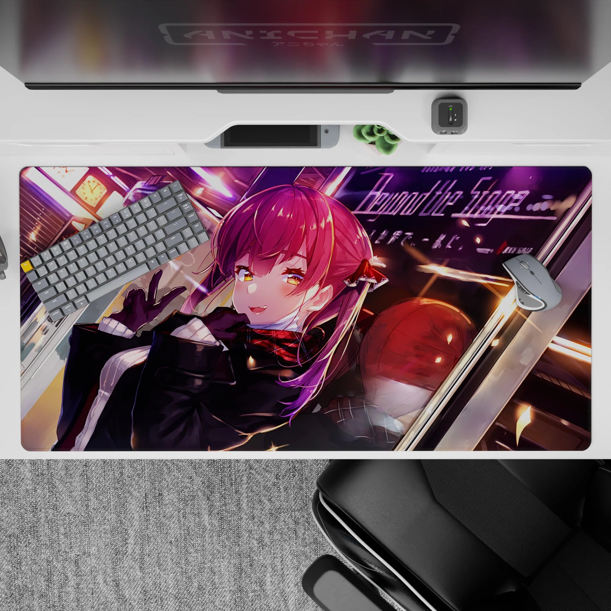40x20 inches anime desk pad in deep black with crimson scarf and purple light streaks, cozy late-night vibe.