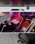 40x20 inches anime desk pad in deep black with crimson scarf and purple light streaks, cozy late-night vibe.