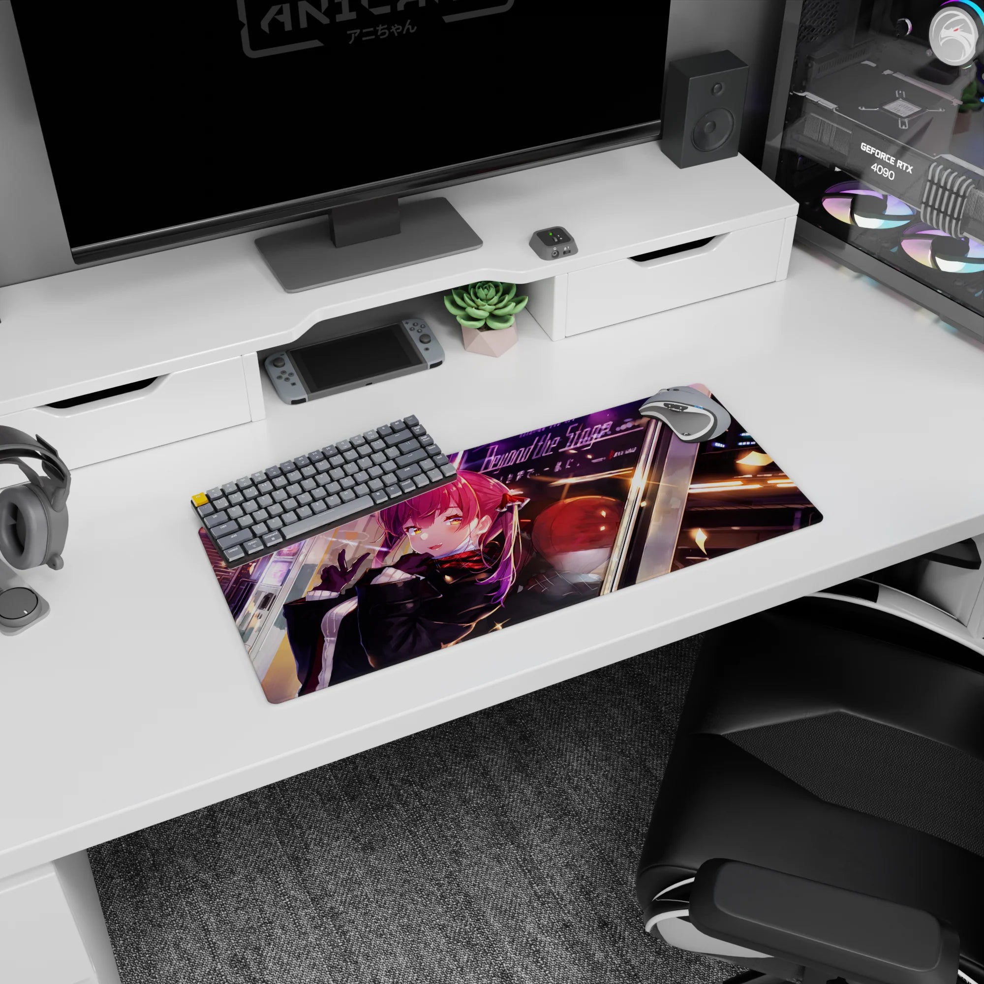 28x12 inches anime girl desk mat with golden-eyed redhead, glossy highlights, and mischievous late-night sparkle.