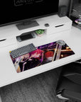 28x12 inches anime girl desk mat with golden-eyed redhead, glossy highlights, and mischievous late-night sparkle.