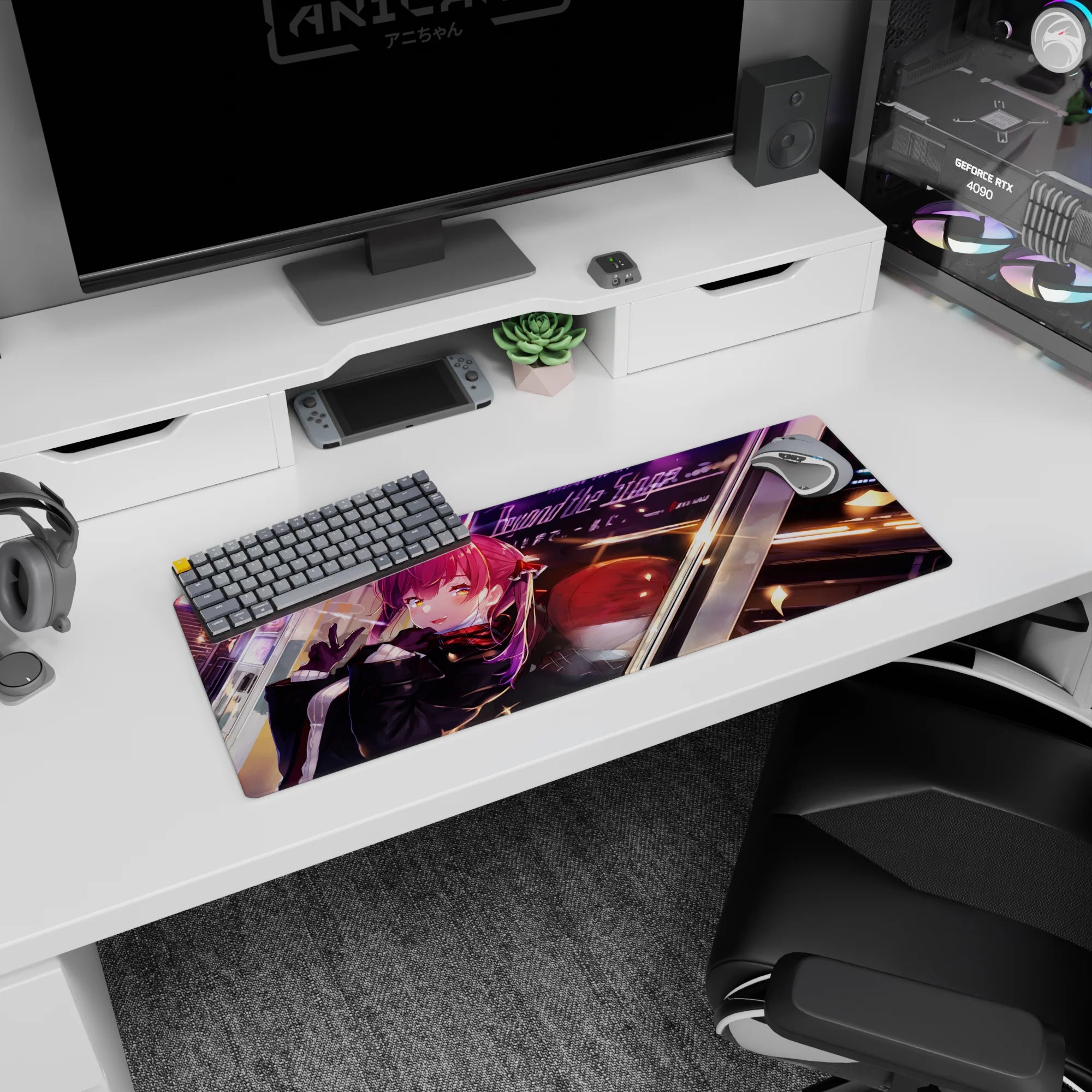 Red-haired, golden-eyed anime girl flashing a peace sign on a 32x12 inches mouse pad with city sparkle.