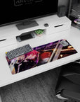 Red-haired, golden-eyed anime girl flashing a peace sign on a 32x12 inches mouse pad with city sparkle.