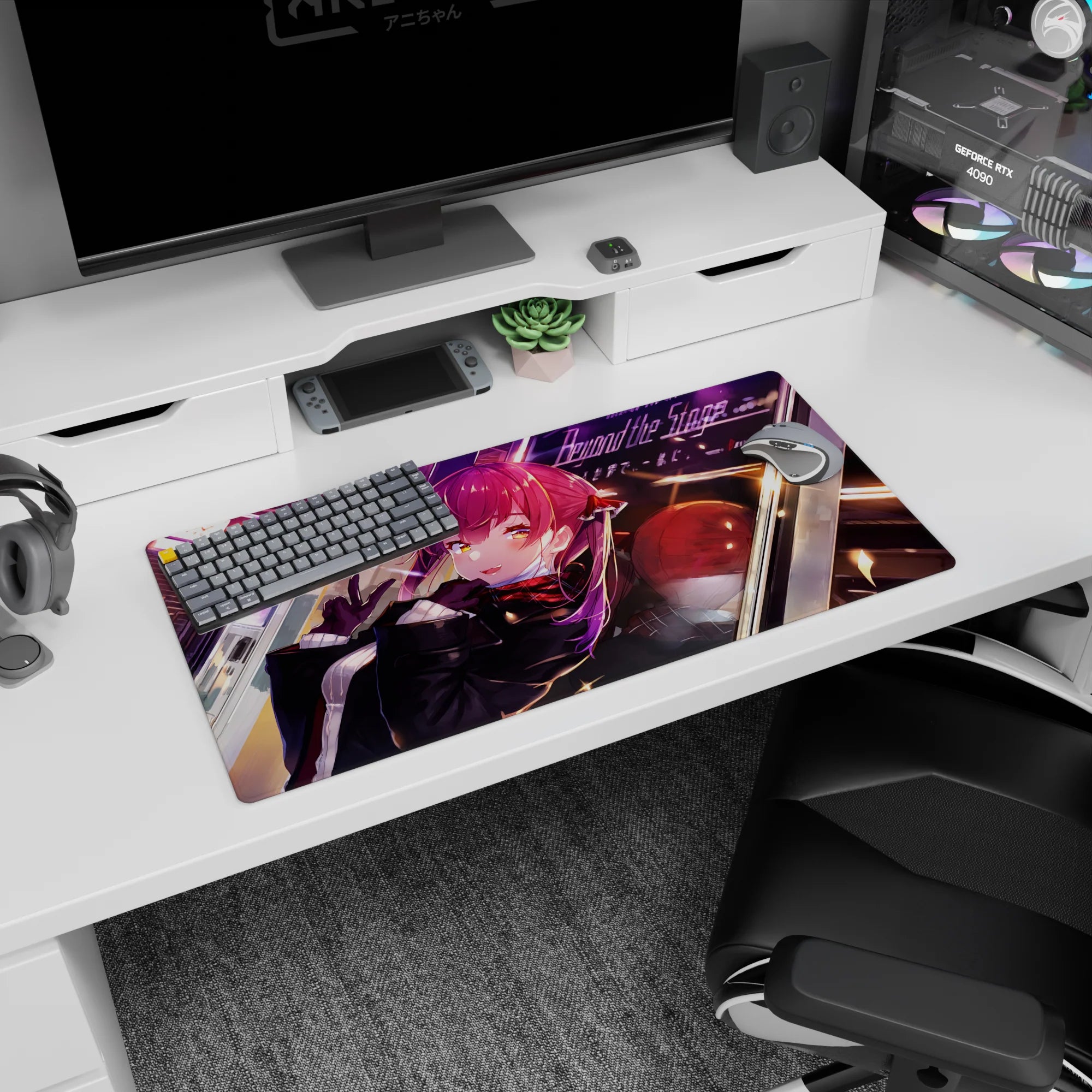 32x16 inches mouse pad featuring golden-eyed redhead anime girl in scarf, glossy highlights, playful V sign.