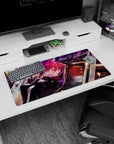 32x16 inches mouse pad featuring golden-eyed redhead anime girl in scarf, glossy highlights, playful V sign.