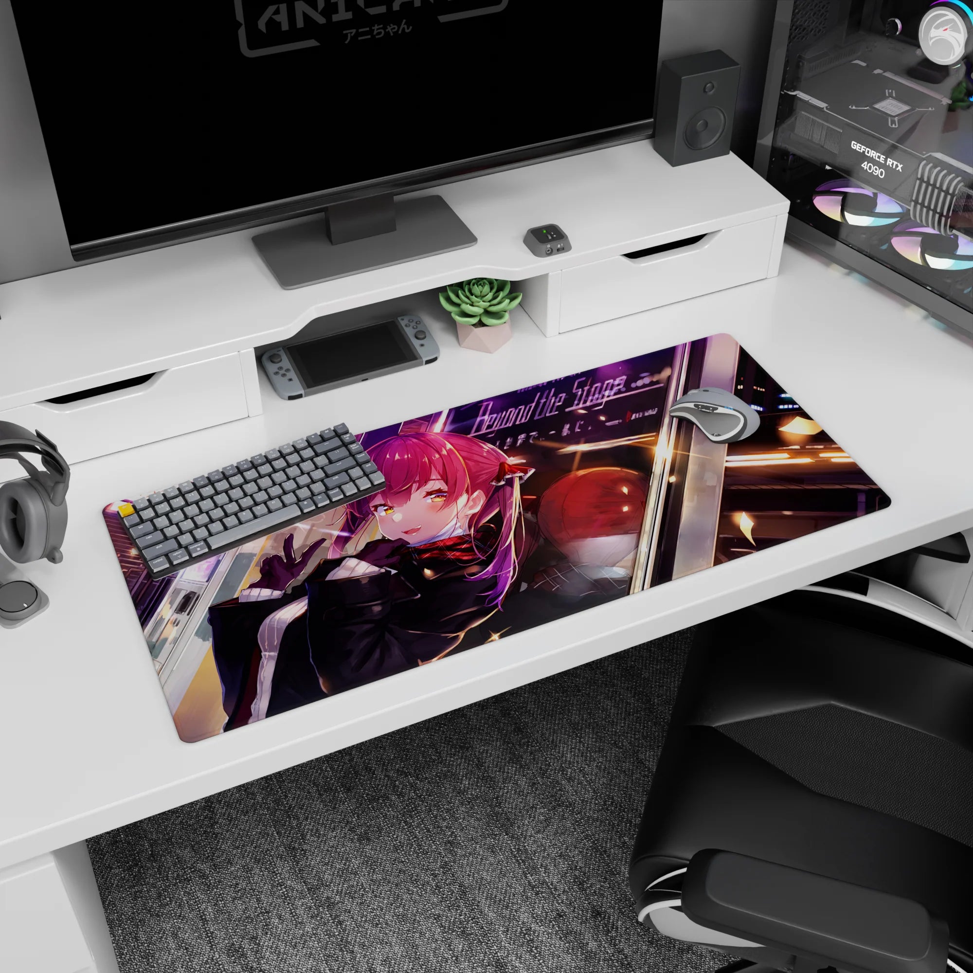 Red-haired anime girl with golden eyes flashing a peace sign on a 36x16 inches extended desk pad.